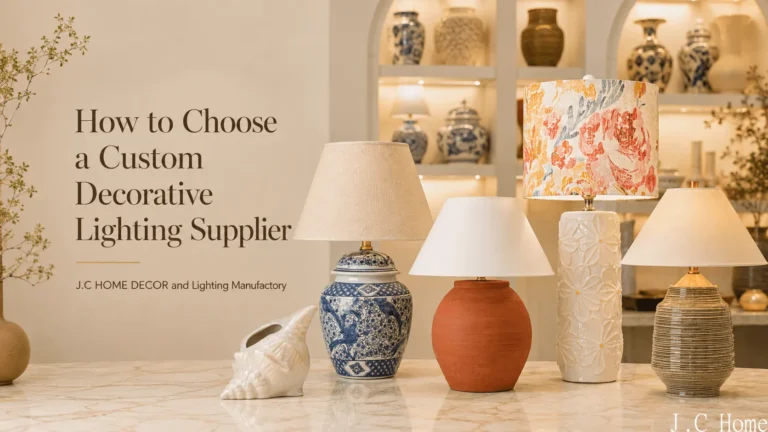 Custom decorative lighting supplier showroom with ceramic table lamps and home decor products