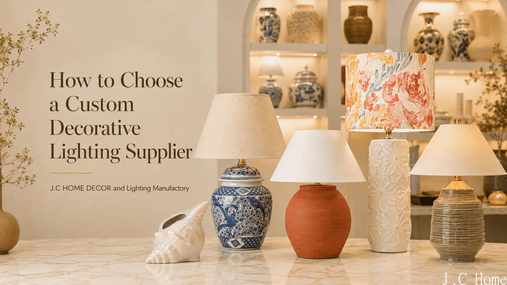 Custom decorative lighting supplier showroom with ceramic table lamps and home decor products