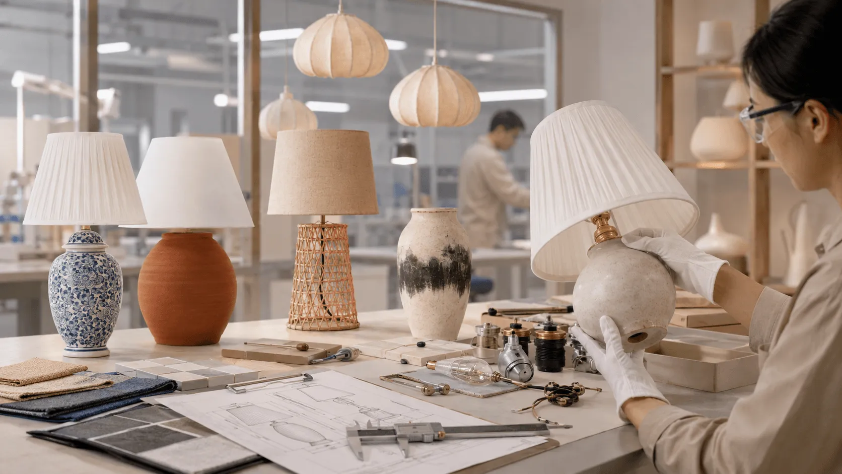 Home decor and lighting quality control workspace with lamp inspection, ceramic bases, pendant lights, hardware, and design drawings