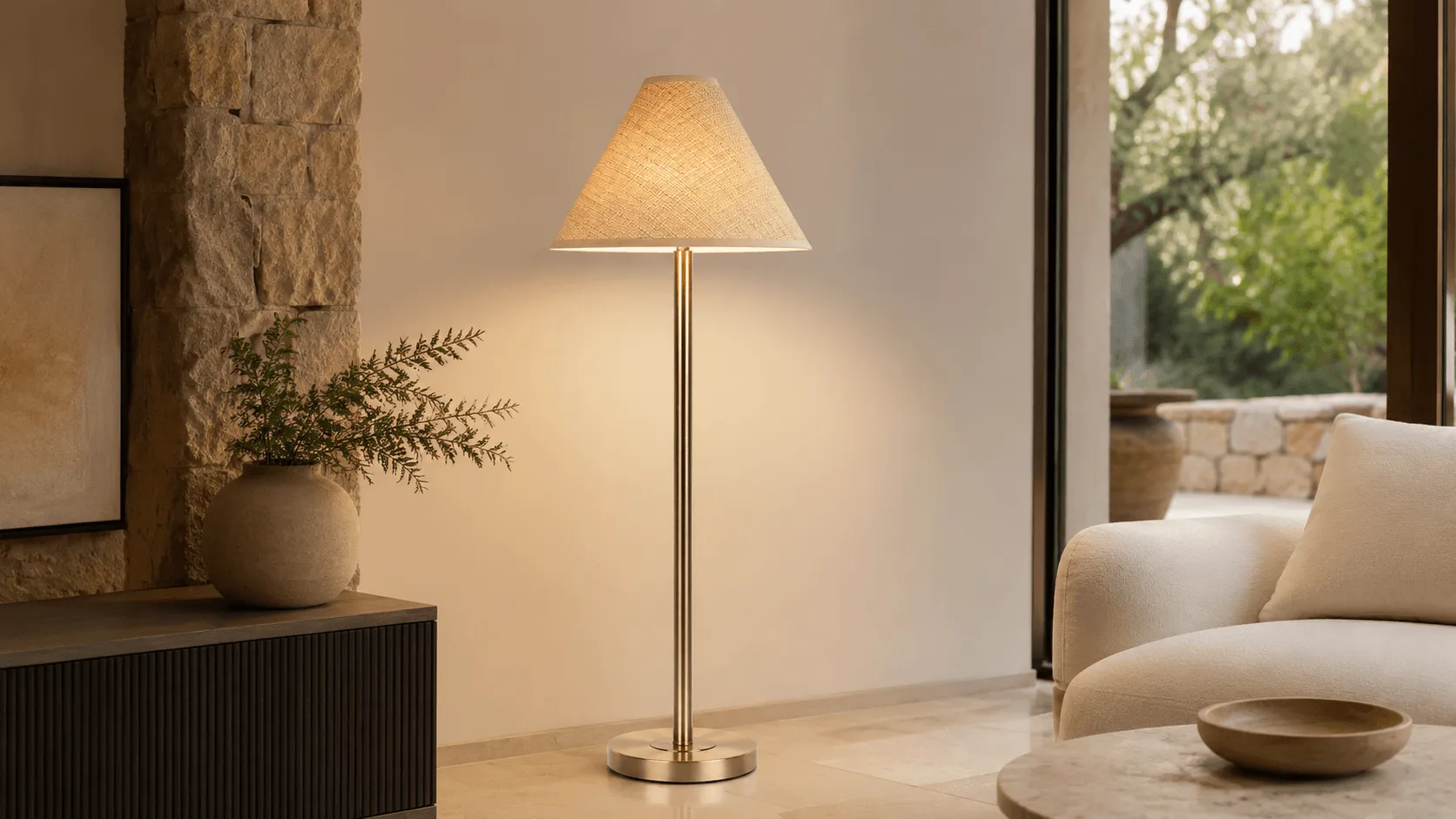 Modern floor lamp YP604-42 with a slim gold-tone stem, round base, and beige woven-style shade in a clean contemporary living space