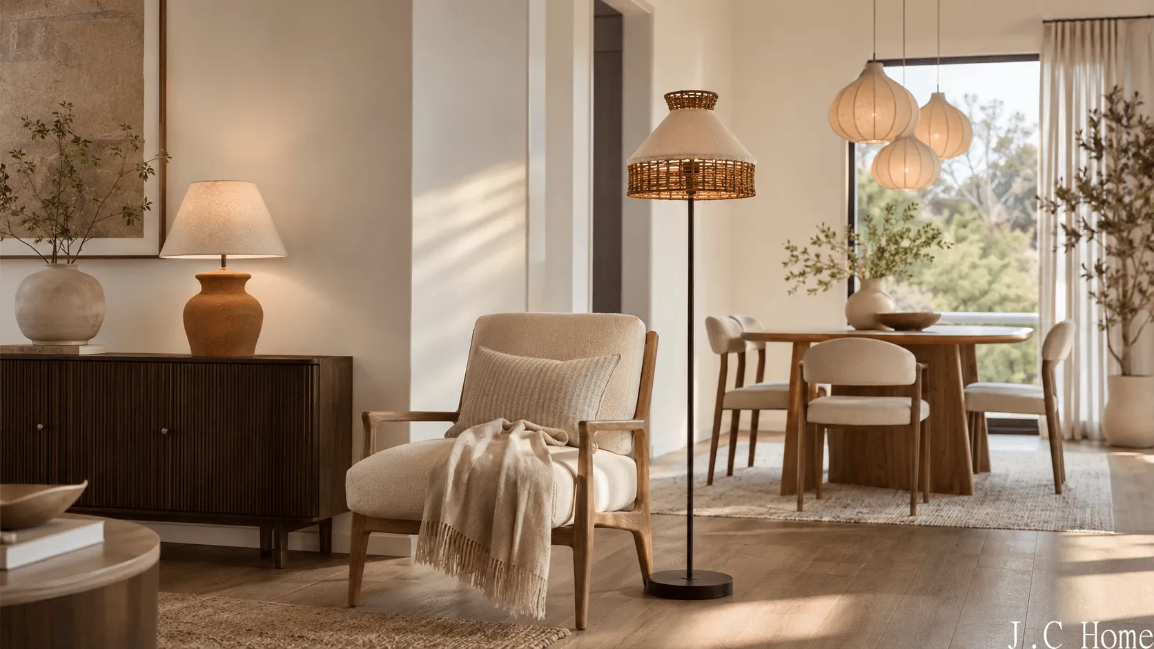 Modern residential interior with table lamp, floor lamp, and pendant lighting in warm neutral tones