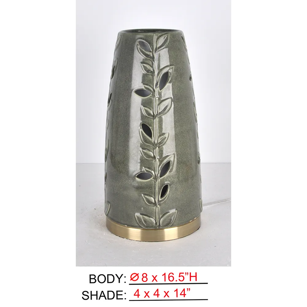 Green Rechargeable Table Lamp NA04-8x16.5 with glossy leaf cutout body and gold-tone base