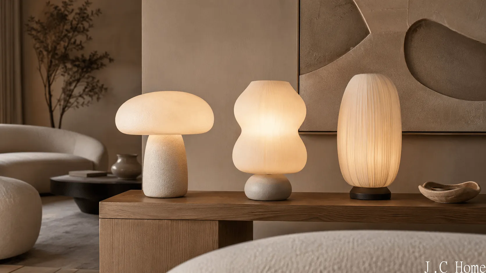 Organic modern table lamp shapes on a console table in a warm neutral interior