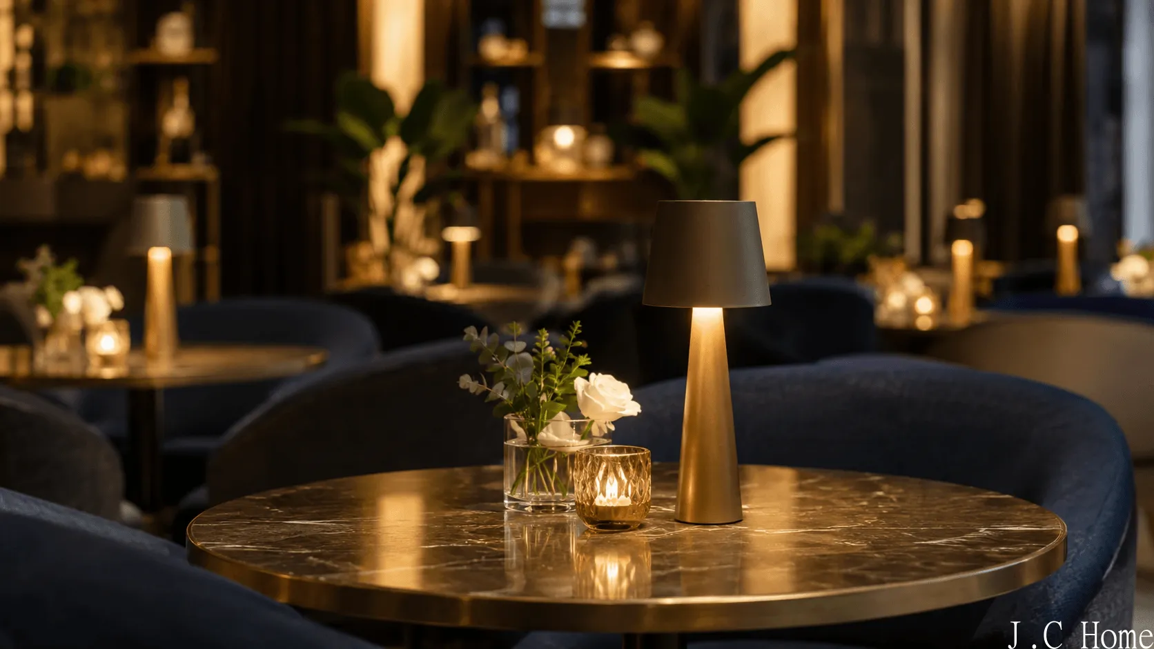 Portable cordless table lamp used on a restaurant table with warm ambient lighting
