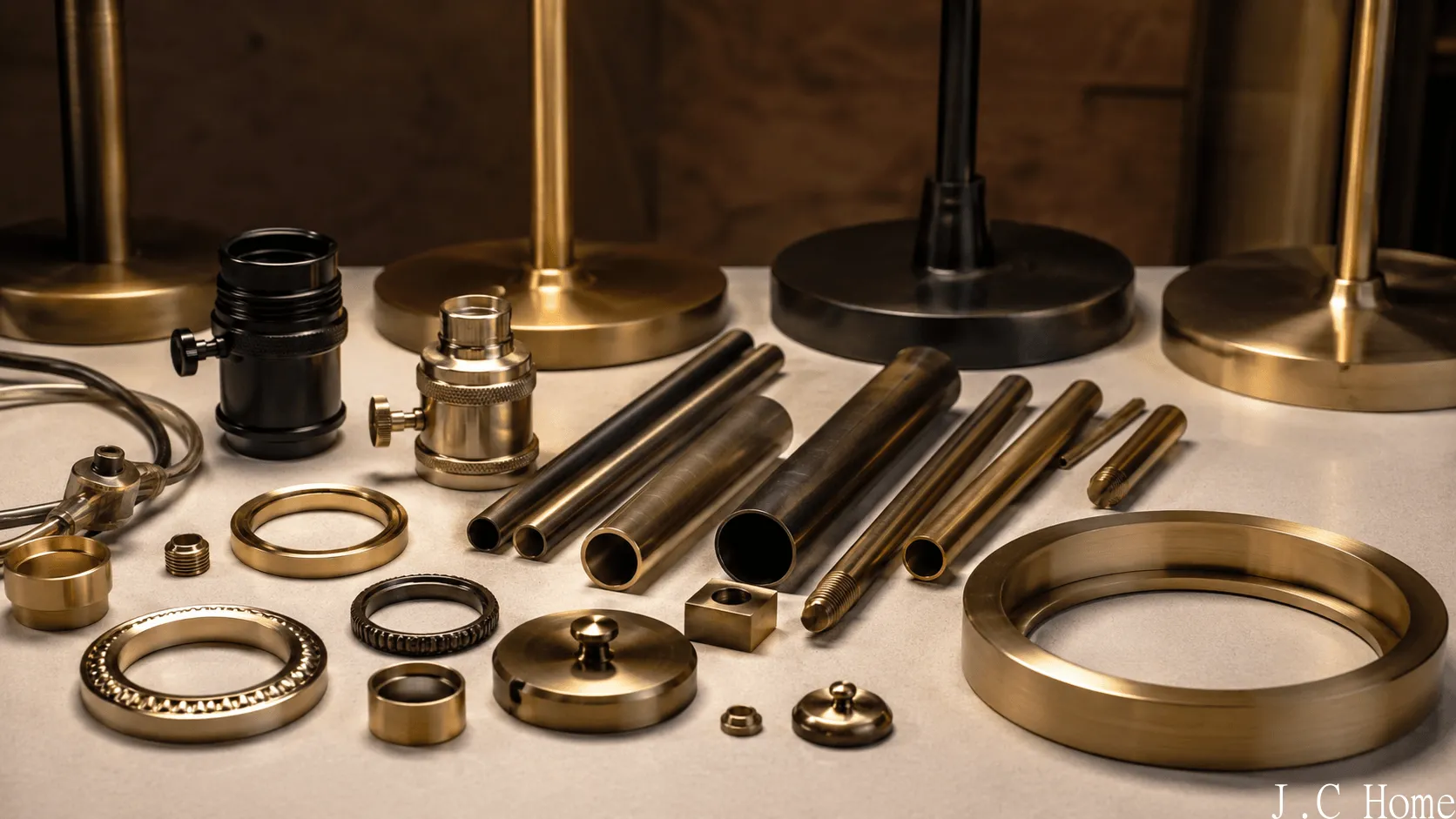 Precision metal components for custom table lamps arranged on a clean worktable