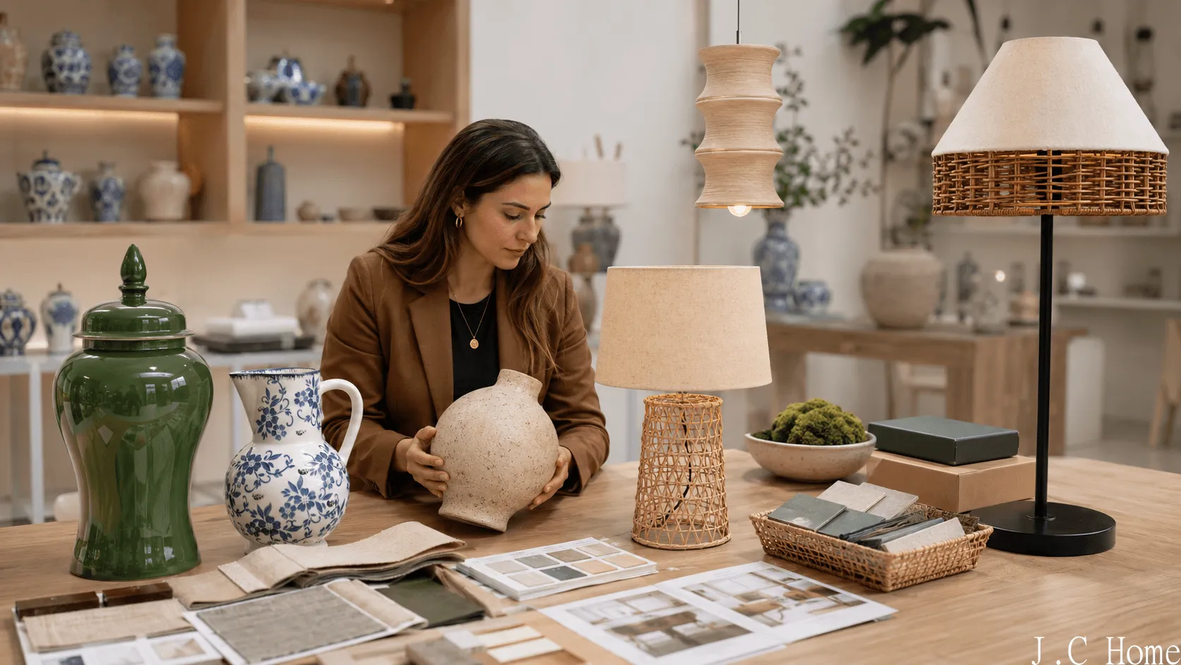 Retail home decor sourcing table with ceramic vases, lamps, material swatches, and packaging samples