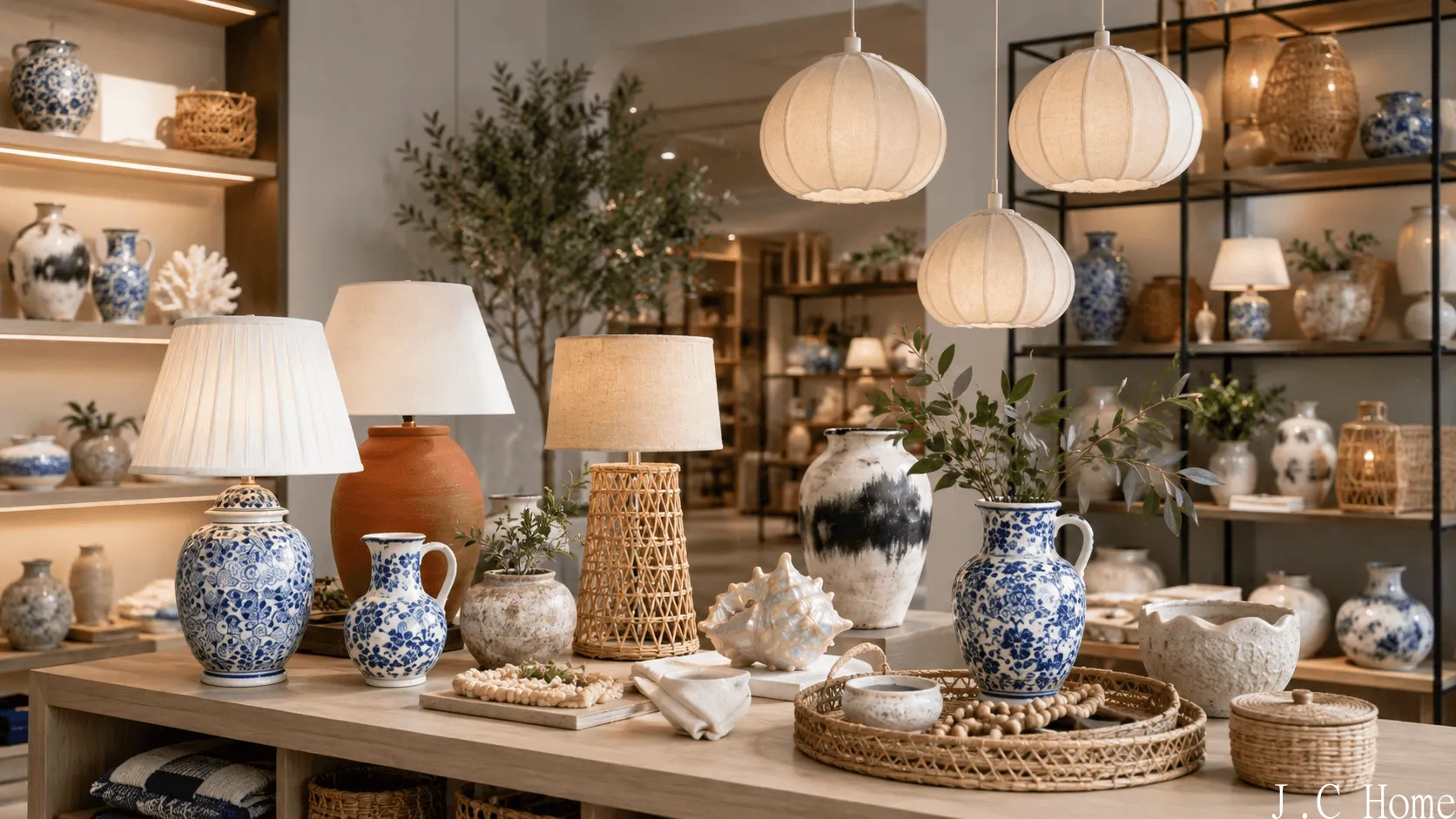 Home Decor Supplier for Retailers display with ceramic table lamps, pendant lights, blue and white vases, pots, and rattan decor