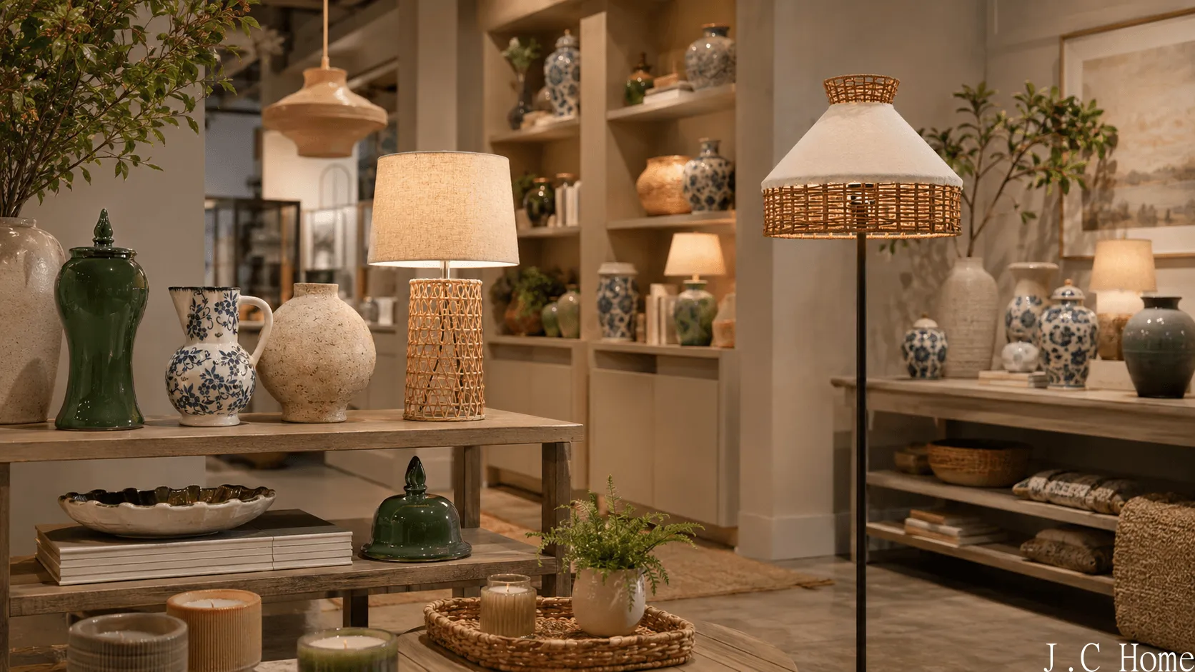 Retail store decor display with ceramic vases, table lamps, floor lamp, and home accessories