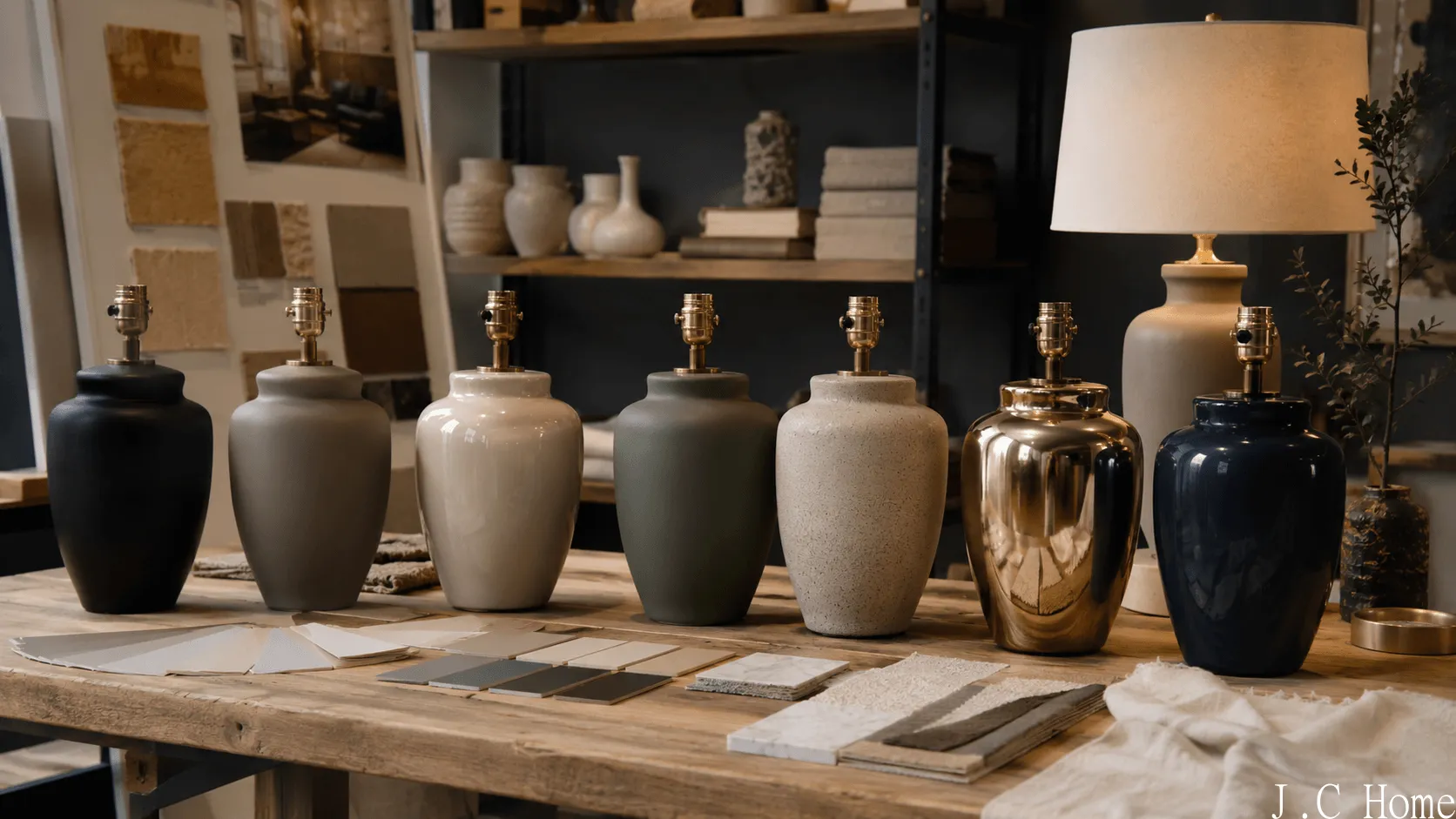 Custom table lamp bases in matte glossy neutral and metallic finishes in a design studio