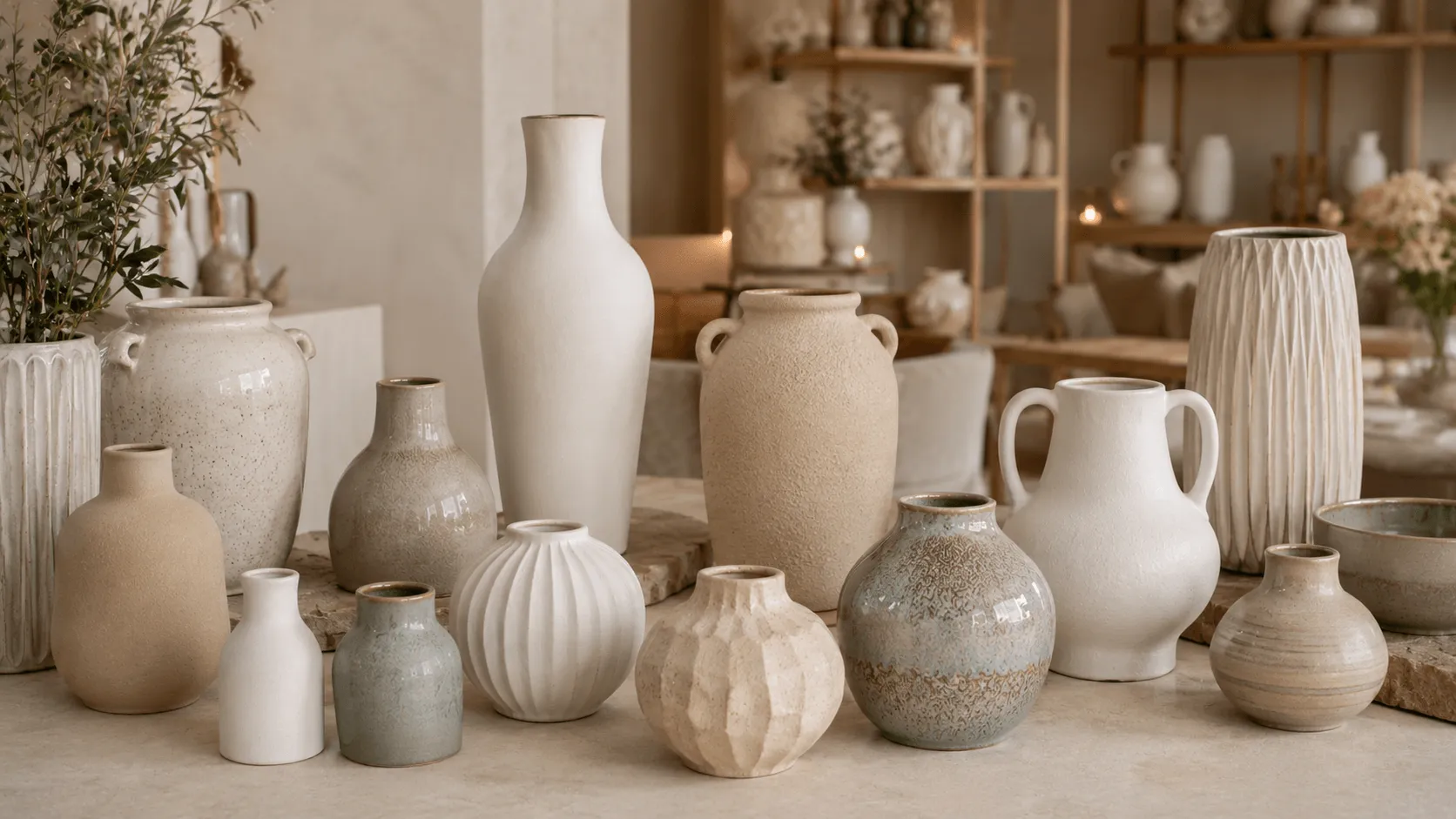 Wholesale ceramic vases collection with matte white, stoneware, reactive glaze, and textured finishes