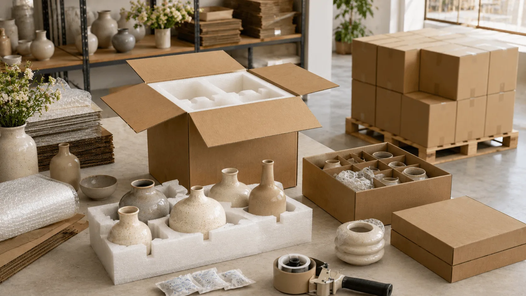 Wholesale ceramic vases packed with foam inserts, cartons, dividers, and protective shipping materials