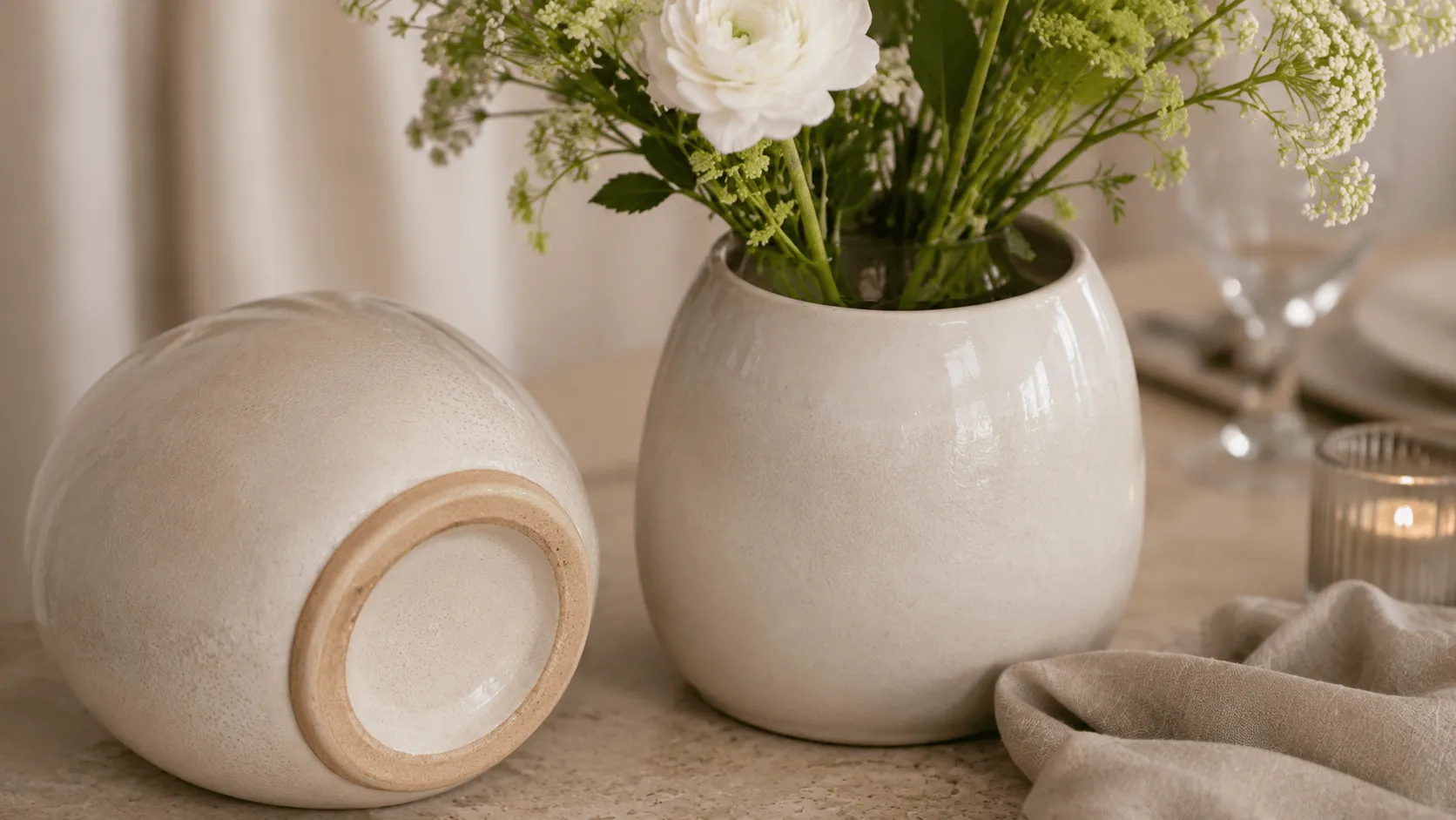 Wholesale ceramic vases close-up showing glazed surface, stable base detail, and floral arrangement use