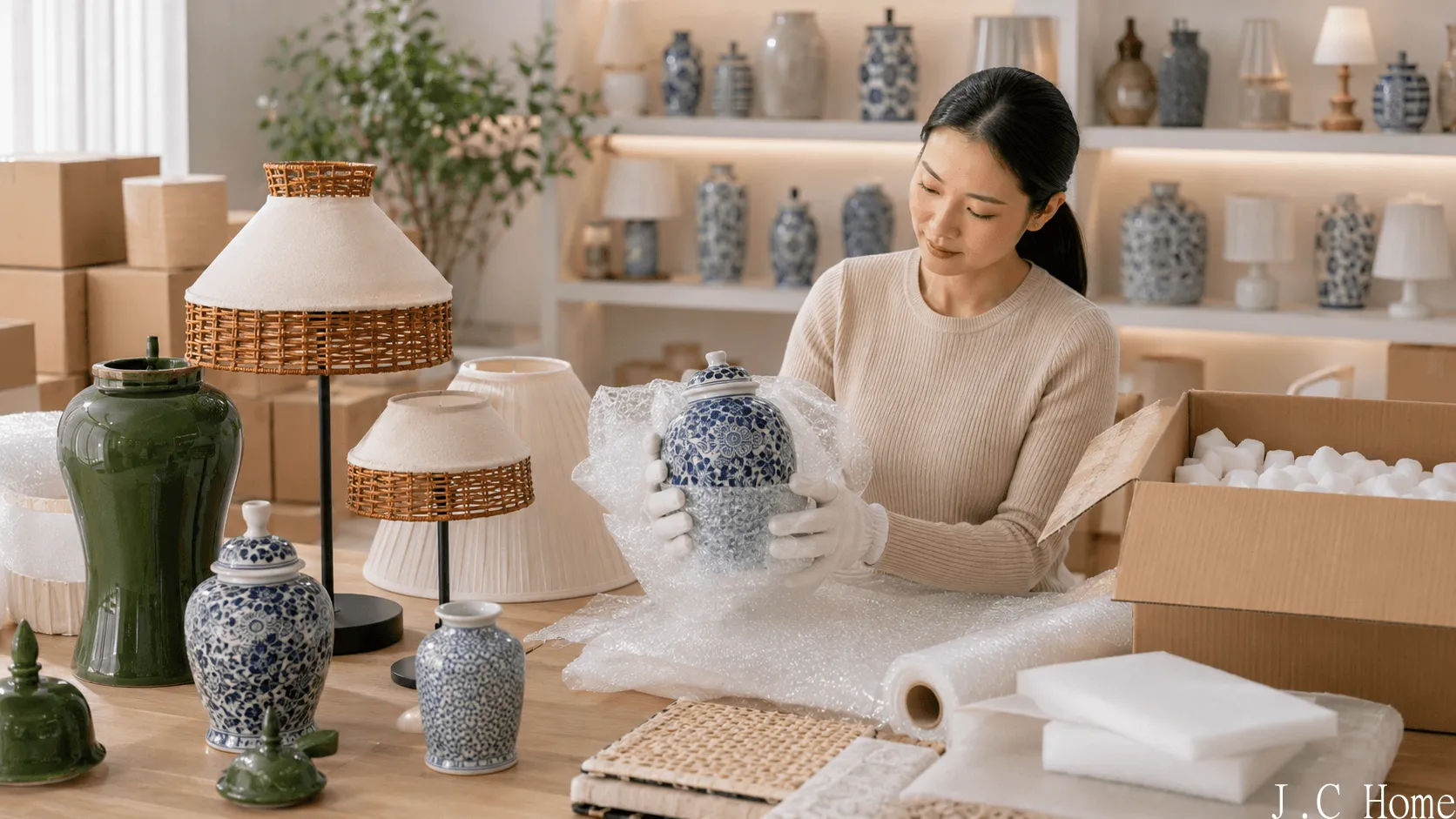 Wholesale home decor quality check with ceramic lamp, vases, rattan shade lamp, cartons, and packing materials