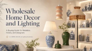 Wholesale home decor and lighting buying guide cover with lamps, vases, and showroom display