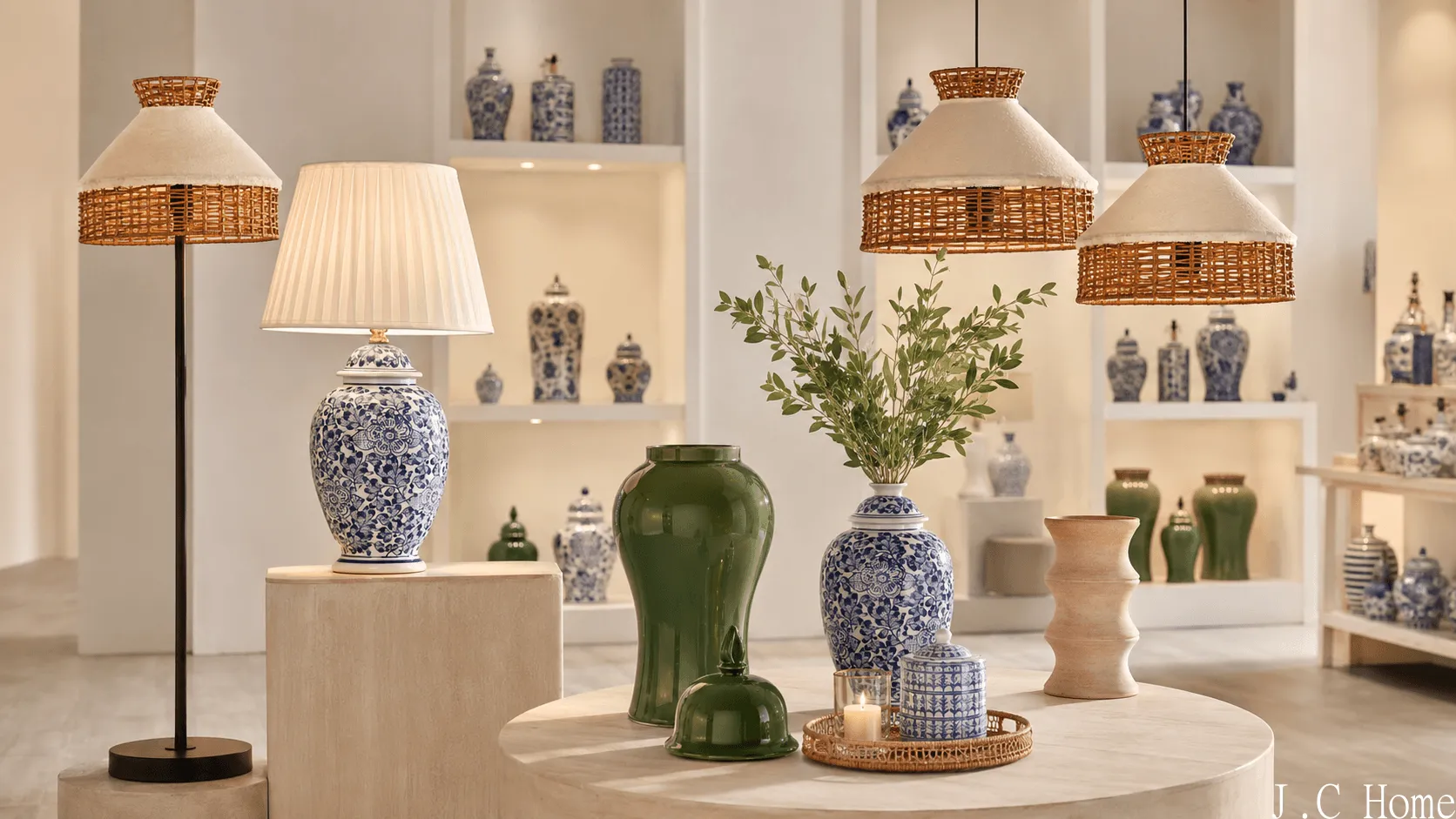 Wholesale home decor and lighting showroom with table lamp, floor lamp, pendant lights, and decorative vases