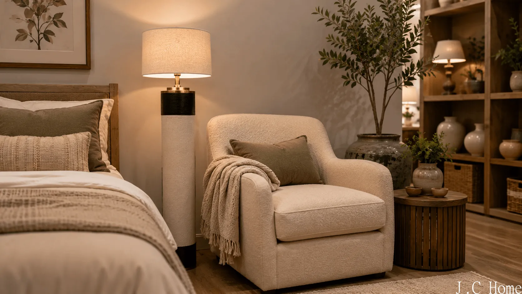 Bedroom floor lamp beside a lounge chair, bed textiles, and warm ambient lighting