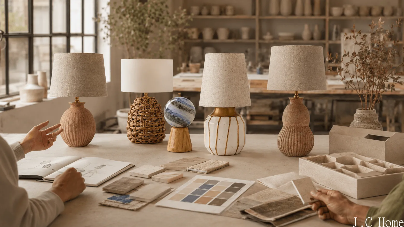 Bespoke lighting planning table with custom table lamps, material swatches, sketches, and packaging samples