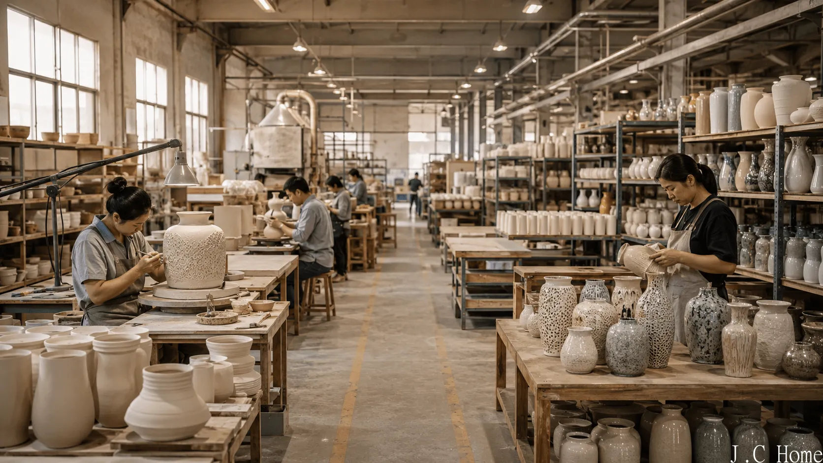 Ceramic factory production capability assessment with workers making ceramic home decor products
