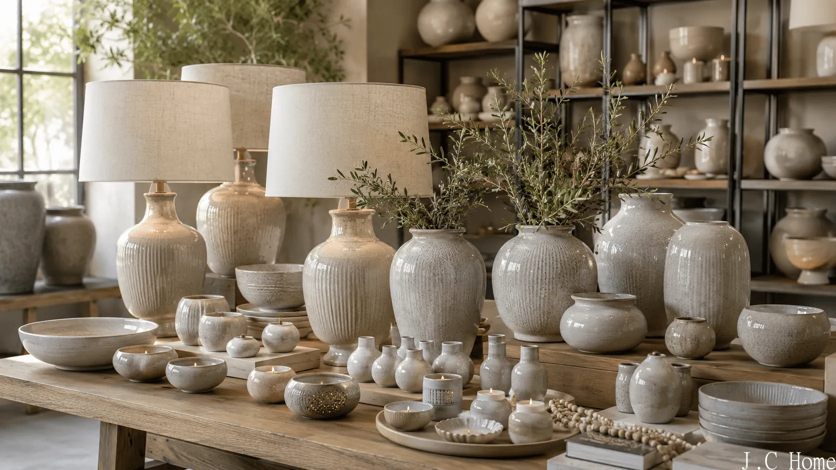 Coordinated ceramic table lamps, vases, pots, bowls, and tabletop accessories displayed in a neutral showroom setting