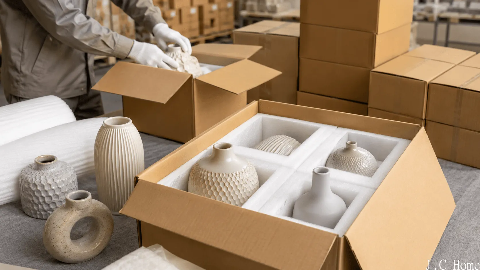 Ceramic home decor export packaging process with protective foam inserts and cartons