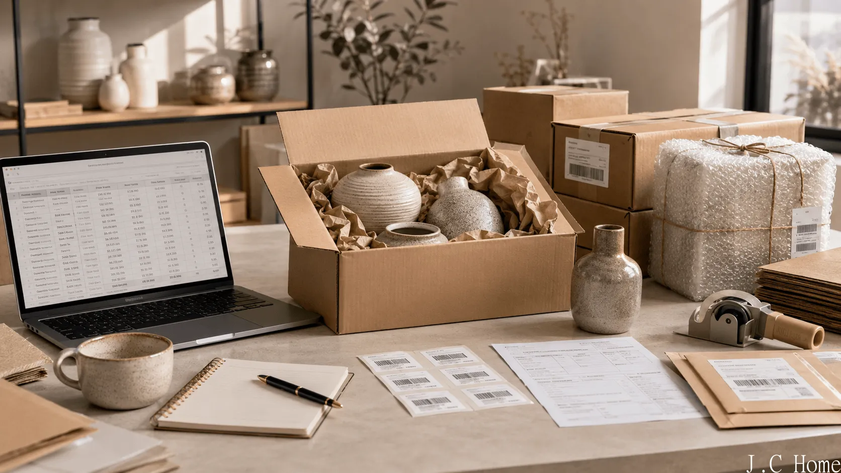 Packed ceramic vases, protective cartons, shipping documents, barcode labels, and laptop prepared for wholesale export pricing