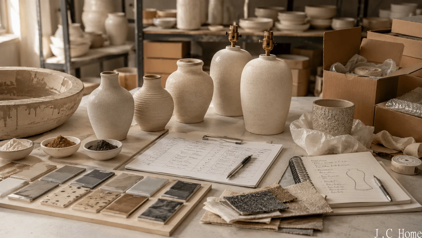 Ceramic vases, lamp bodies, clay samples, glaze swatches, protective cartons, and inspection notes arranged on a factory worktable