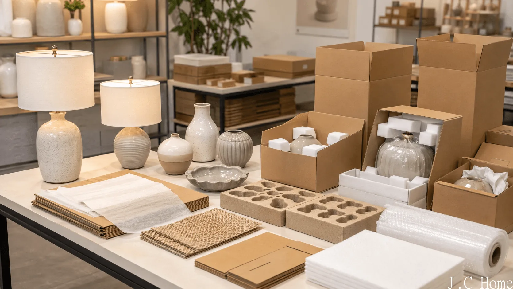 Ceramic table lamps and home decor products prepared with cartons, cushioning, foam inserts, and retail packaging materials.