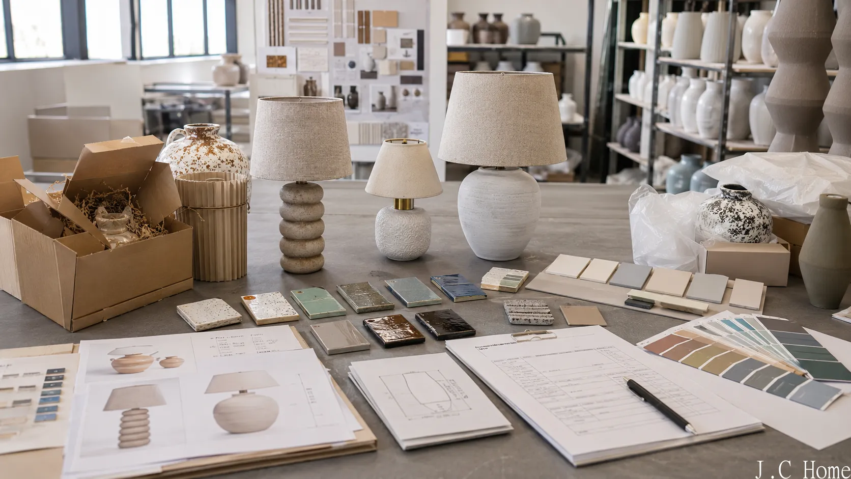 Factory planning desk with ceramic lamp samples, glaze tiles, packaging mockups, order sheets, and production calendar materials