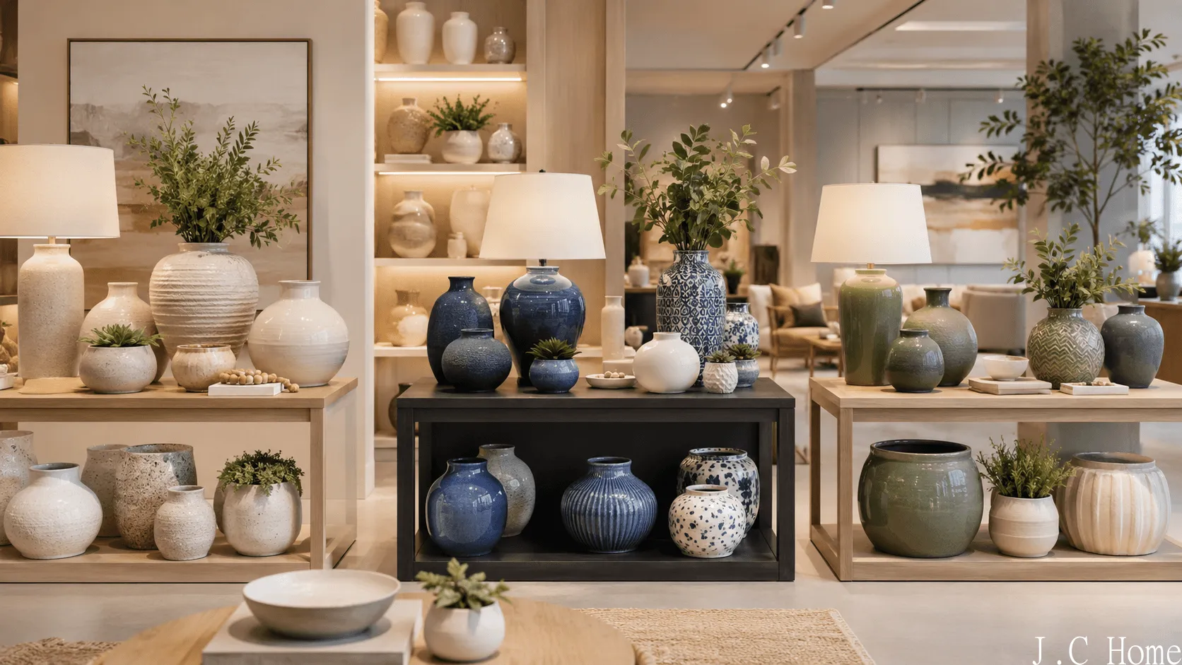Ceramic table lamps, vases, pots, and tabletop accessories displayed by color palette in a modern retail showroom.