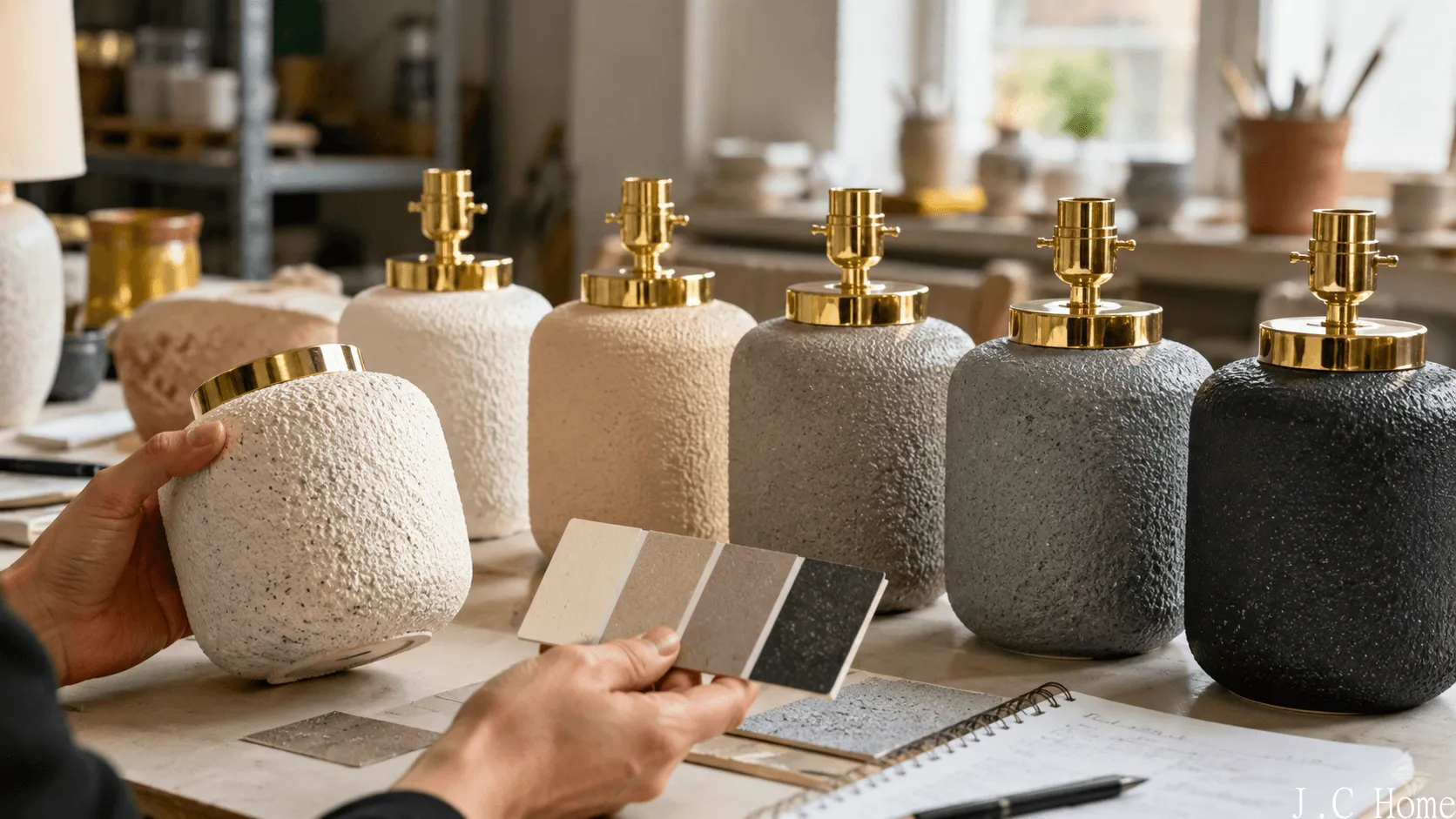 Inspector hands checking ceramic table lamp bases by color tone with reference cards and production notes.