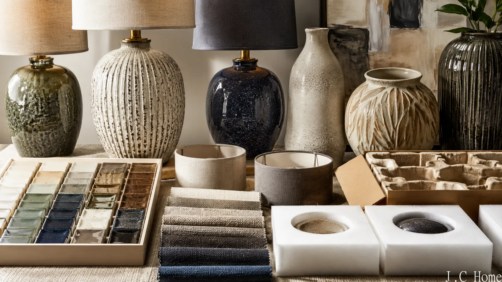 Close-up of ceramic lamp finishes, glaze textures, fabric lampshades, decorative vase surfaces, and protective packaging materials