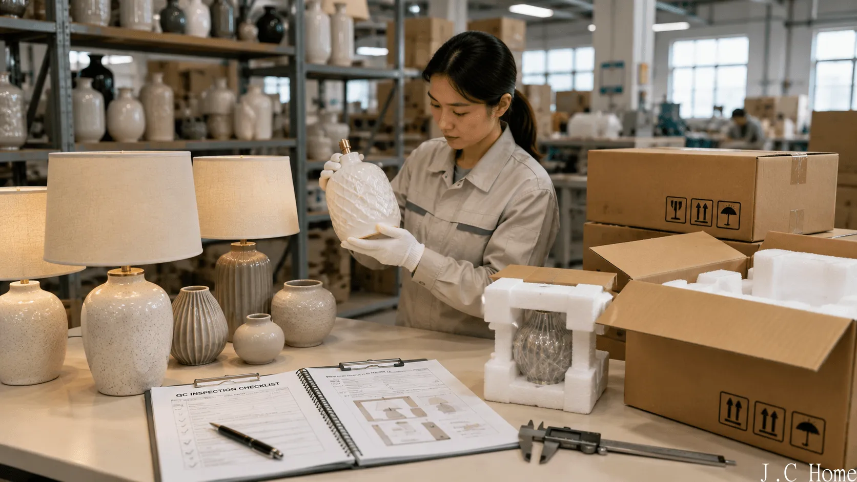 Worker inspecting ceramic lamp base beside cartons, foam packaging and home decor samples