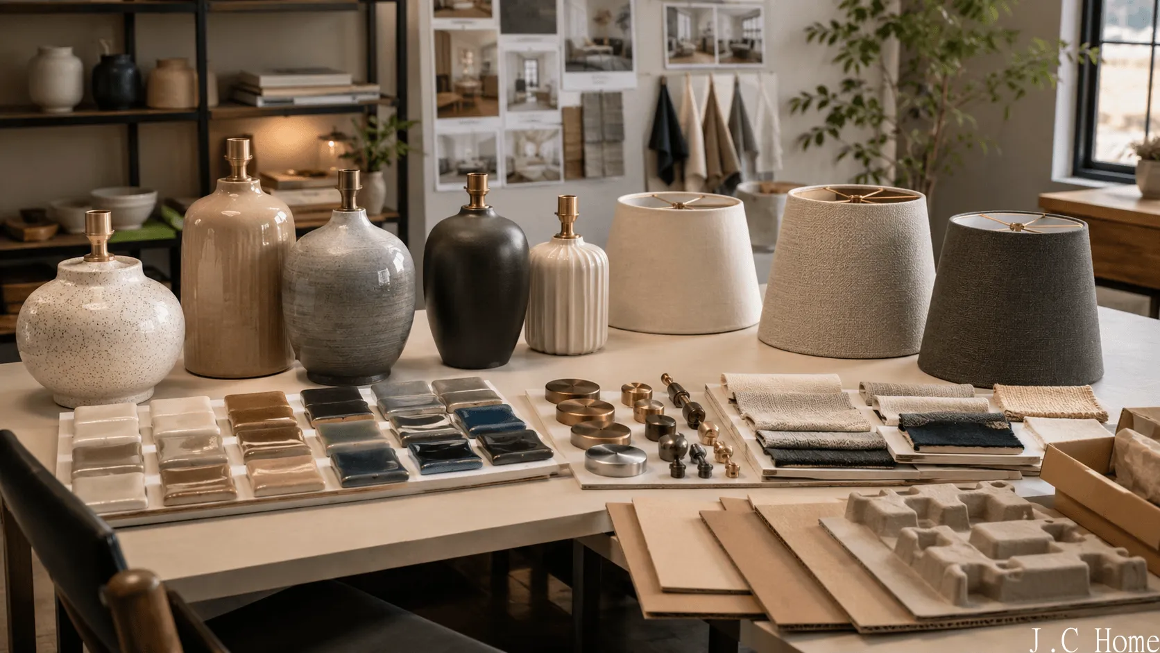 Ceramic lamp bases, glaze color samples, fabric lampshades, hardware finishes, and packaging materials arranged on a product development table