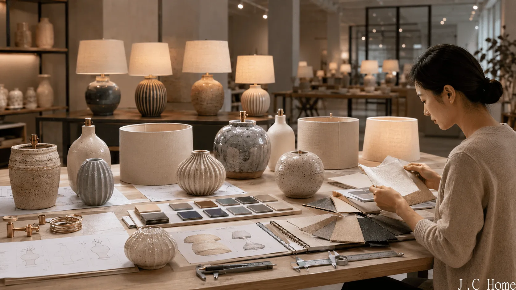 Ceramic table lamps in different production stages with unfinished ceramic bodies, glazed lamp bases, assembled fabric shades, and protective packaging cartons