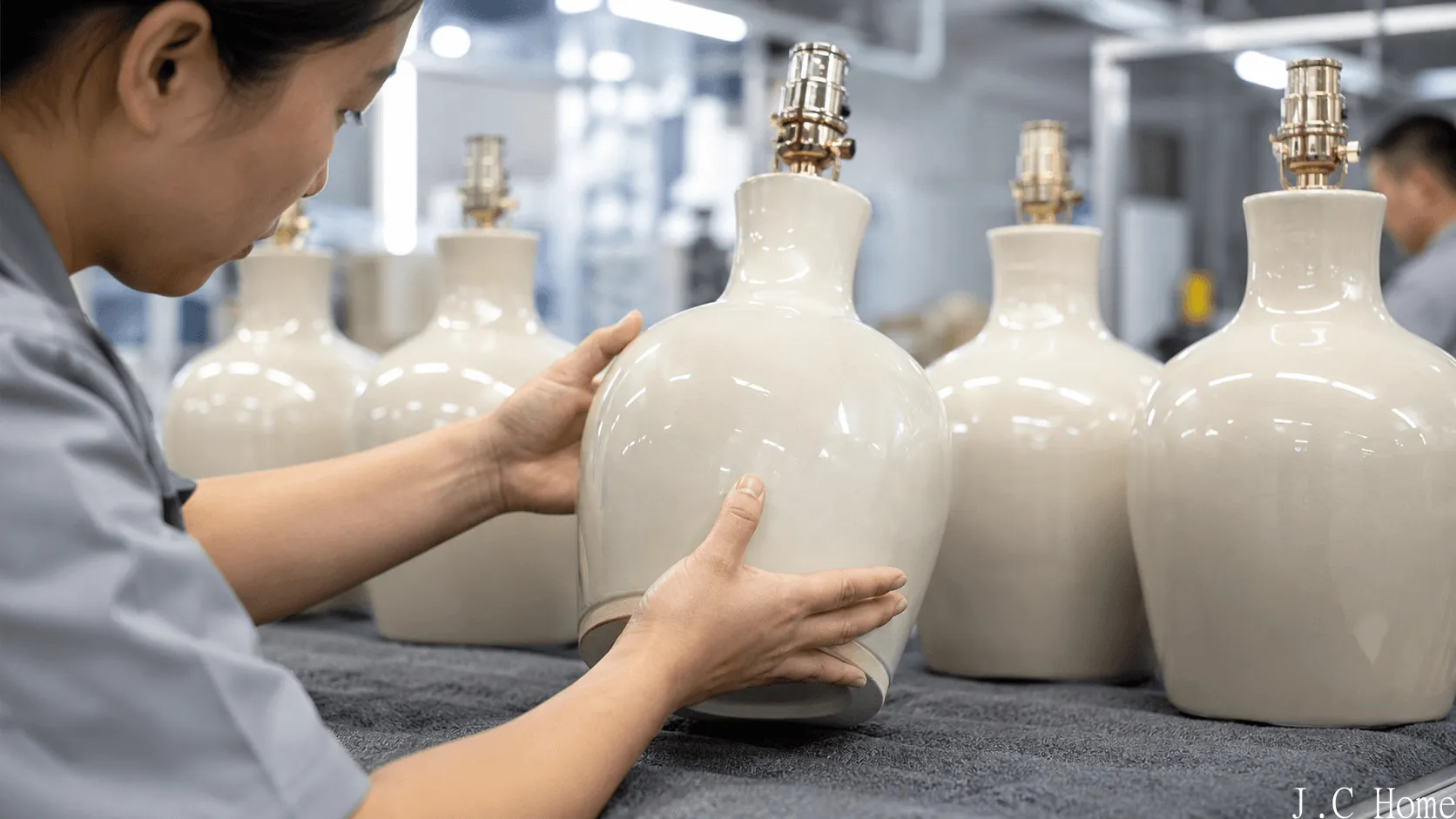 Worker inspecting ceramic lamp bodies for glaze finish and surface quality