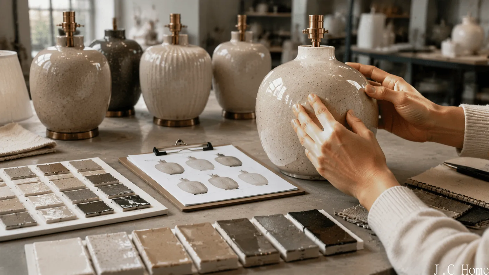 Hands inspecting ceramic lamp glaze quality with color samples and finish references in a lighting workshop