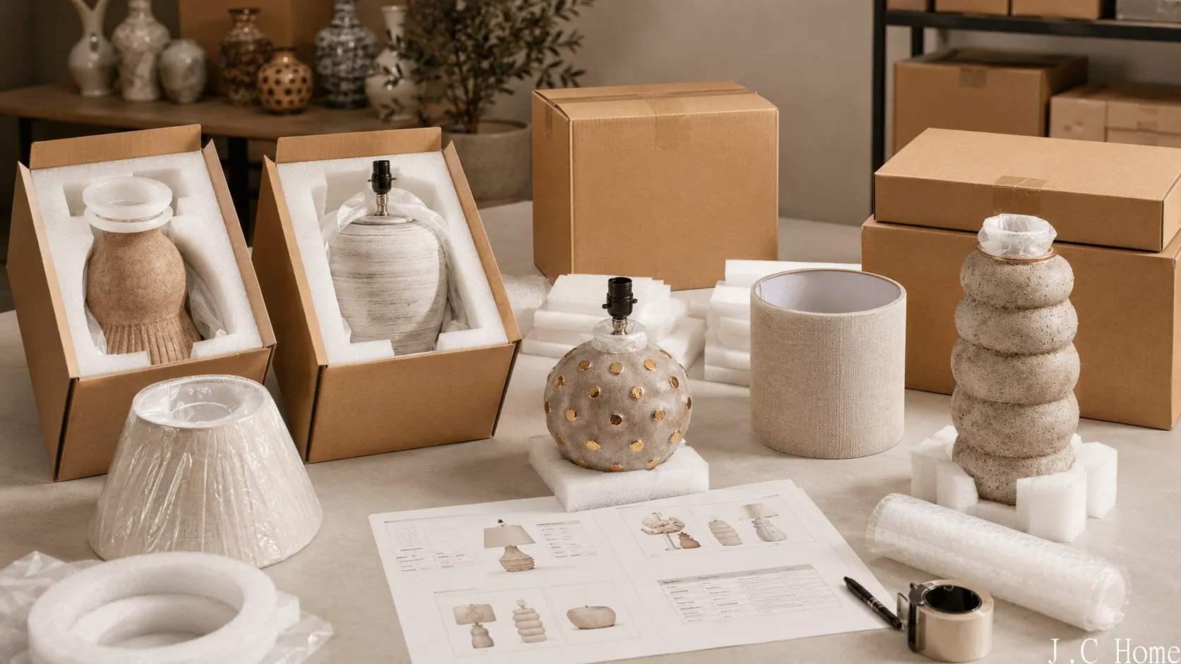 Ceramic table lamps and vases being prepared for packaging with foam inserts, wrapped surfaces, retail boxes, master cartons, and product specification sheets.
