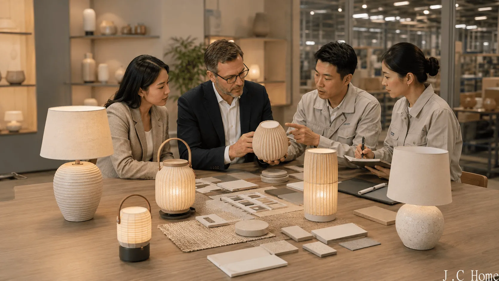 Buyers and factory team reviewing ceramic table lamps, rechargeable lamps, material samples, and finish boards in a modern showroom.