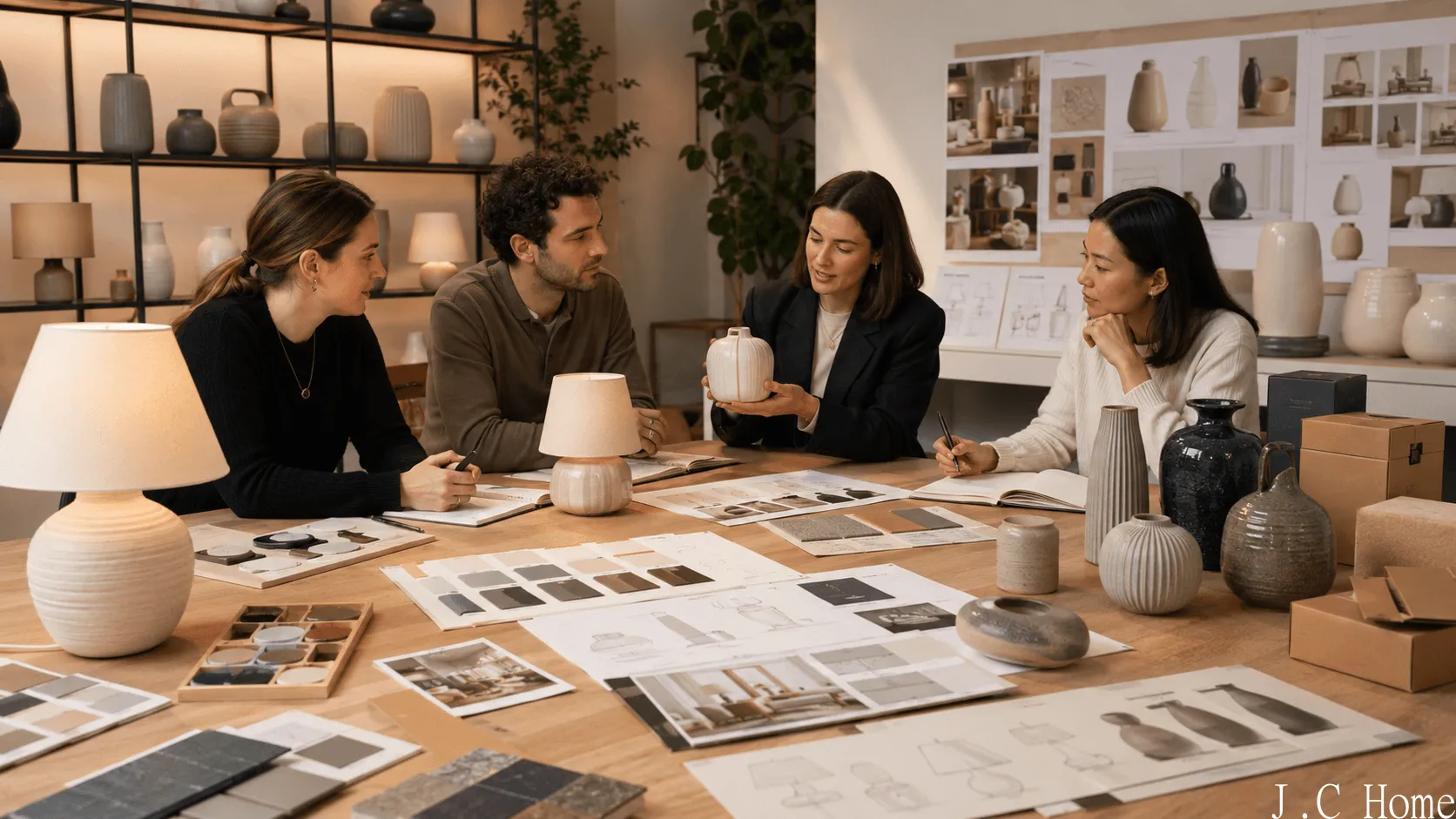 Product development team reviewing ceramic lighting samples, glaze swatches, packaging mockups, and assortment planning boards.