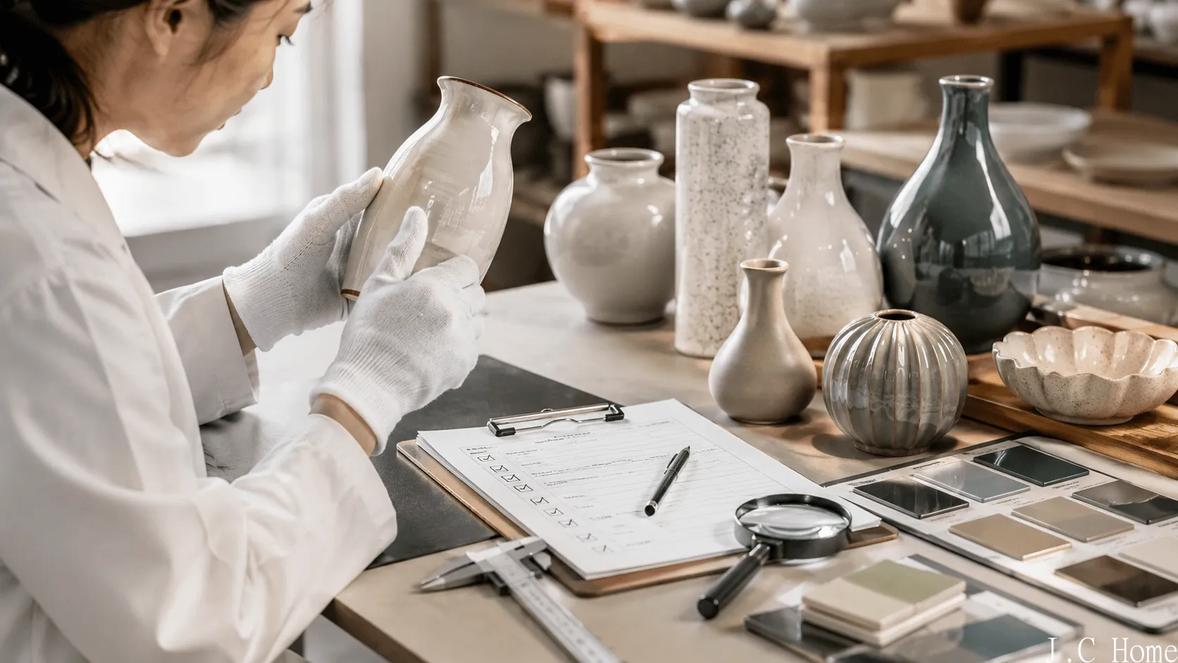 Ceramic quality control inspection process checking glaze finish, color consistency, and product details