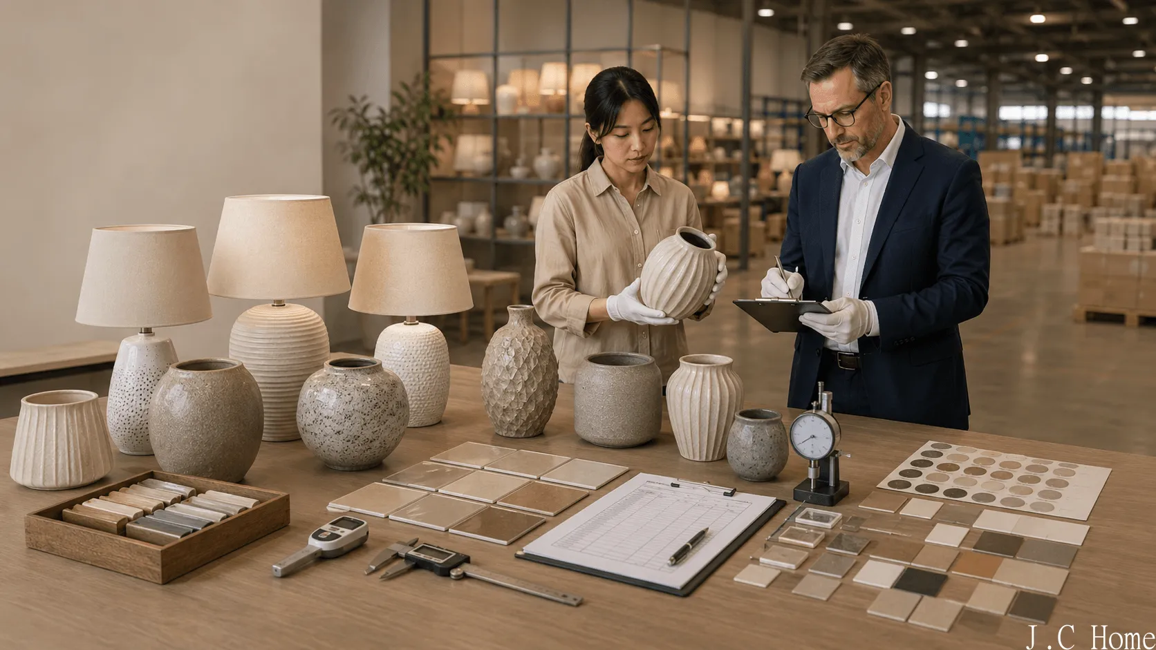 Ceramic vases, lamp bodies, glaze reference tiles, colour samples, measuring tools, and inspection sheets on a quality control table.