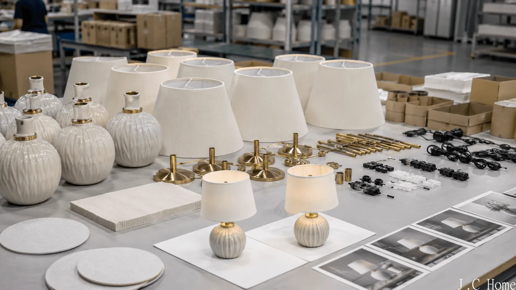 Factory table with ceramic lamp bases, lampshades, metal hardware, electrical parts, and reference samples