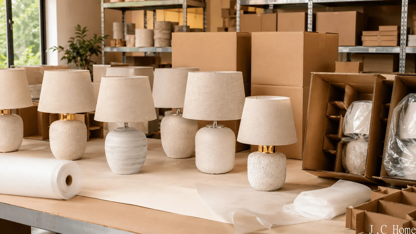 Finished ceramic table lamps with matching shades packed beside protective export cartons and carton dividers.