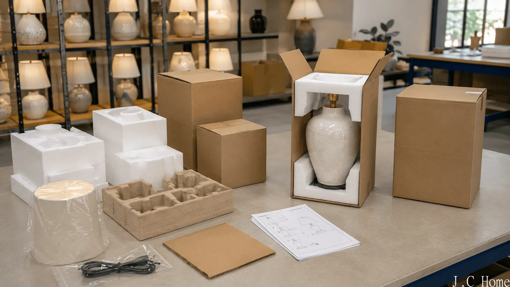 Ceramic table lamp packaging preparation scene with protective foam inserts, plain cartons, instruction sheets, product labels, and a carefully packed ceramic lamp