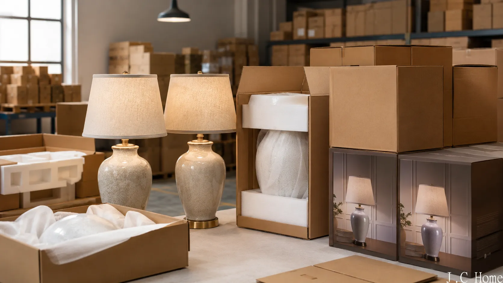 Finished ceramic table lamps packed with protective cartons and retail packaging in a warehouse