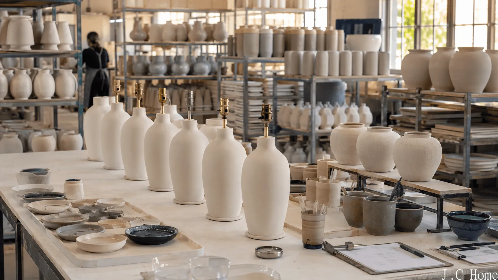 Unfinished ceramic table lamp bases arranged on a clean production table with glaze samples and inspection tools.