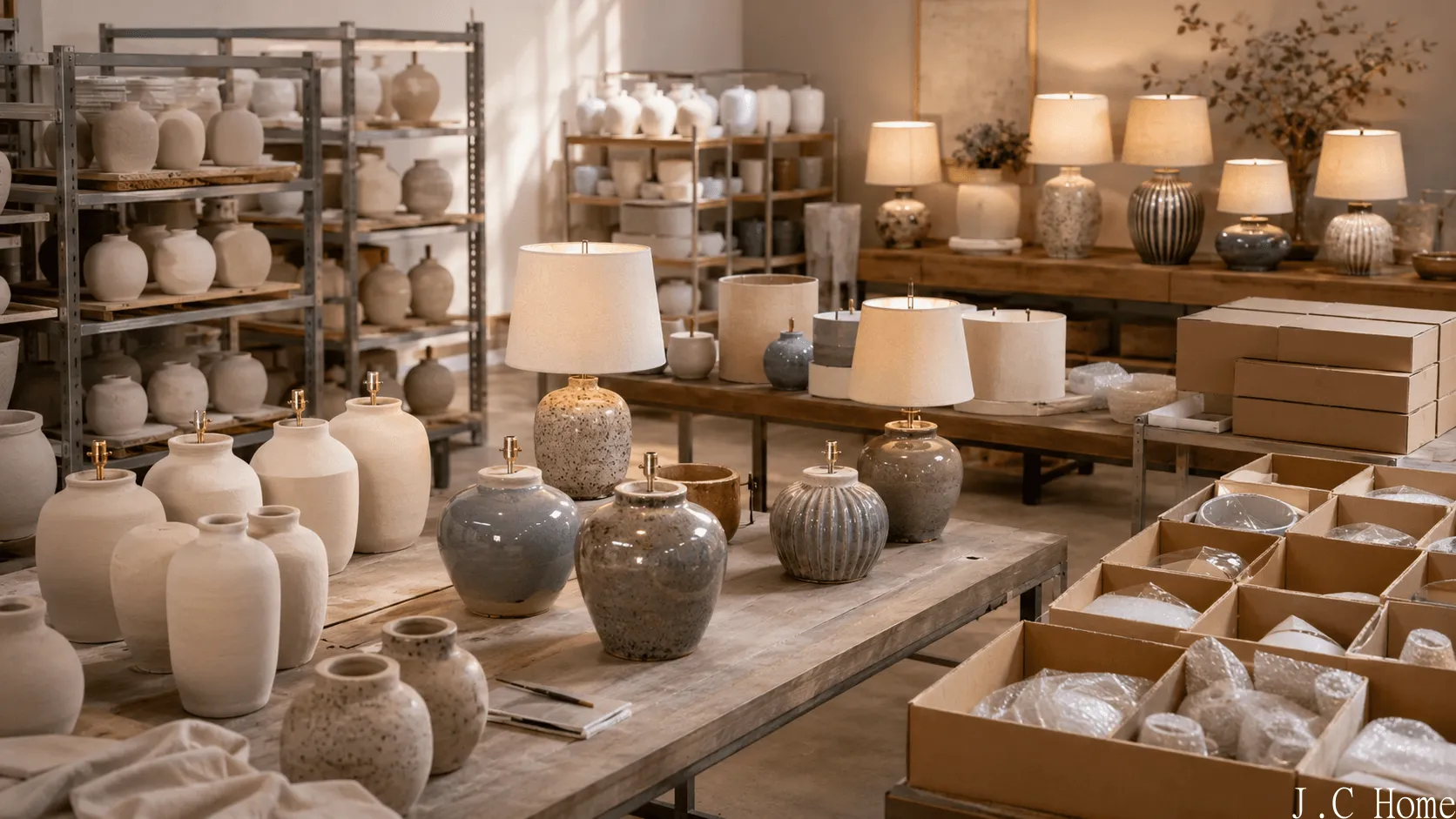 Ceramic table lamps in different production stages with unfinished ceramic bodies, glazed lamp bases, assembled fabric shades, and protective packaging cartons