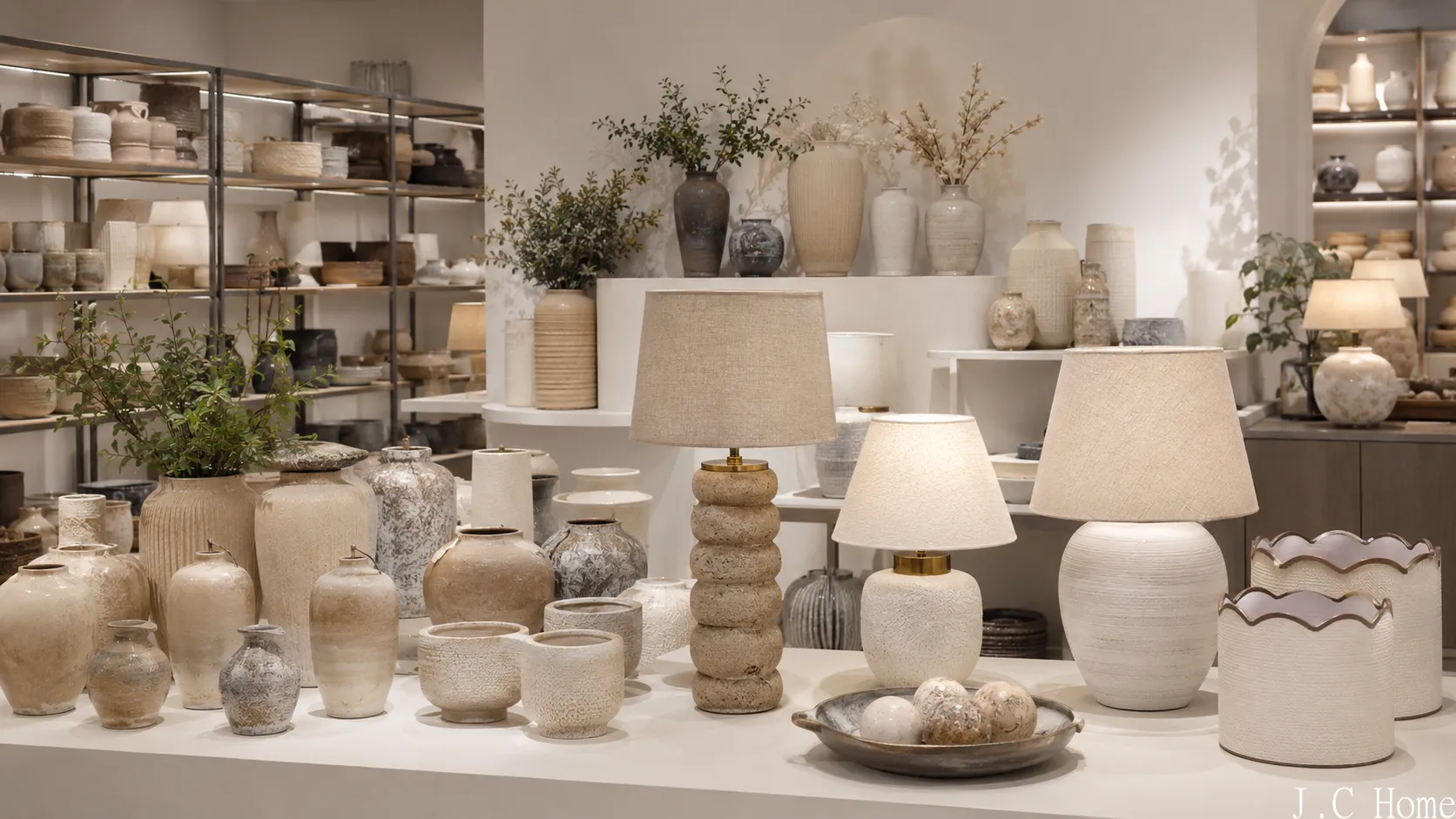 Professional showroom display of ceramic vases, decorative table lamps, pots, and tabletop accessories grouped by product role