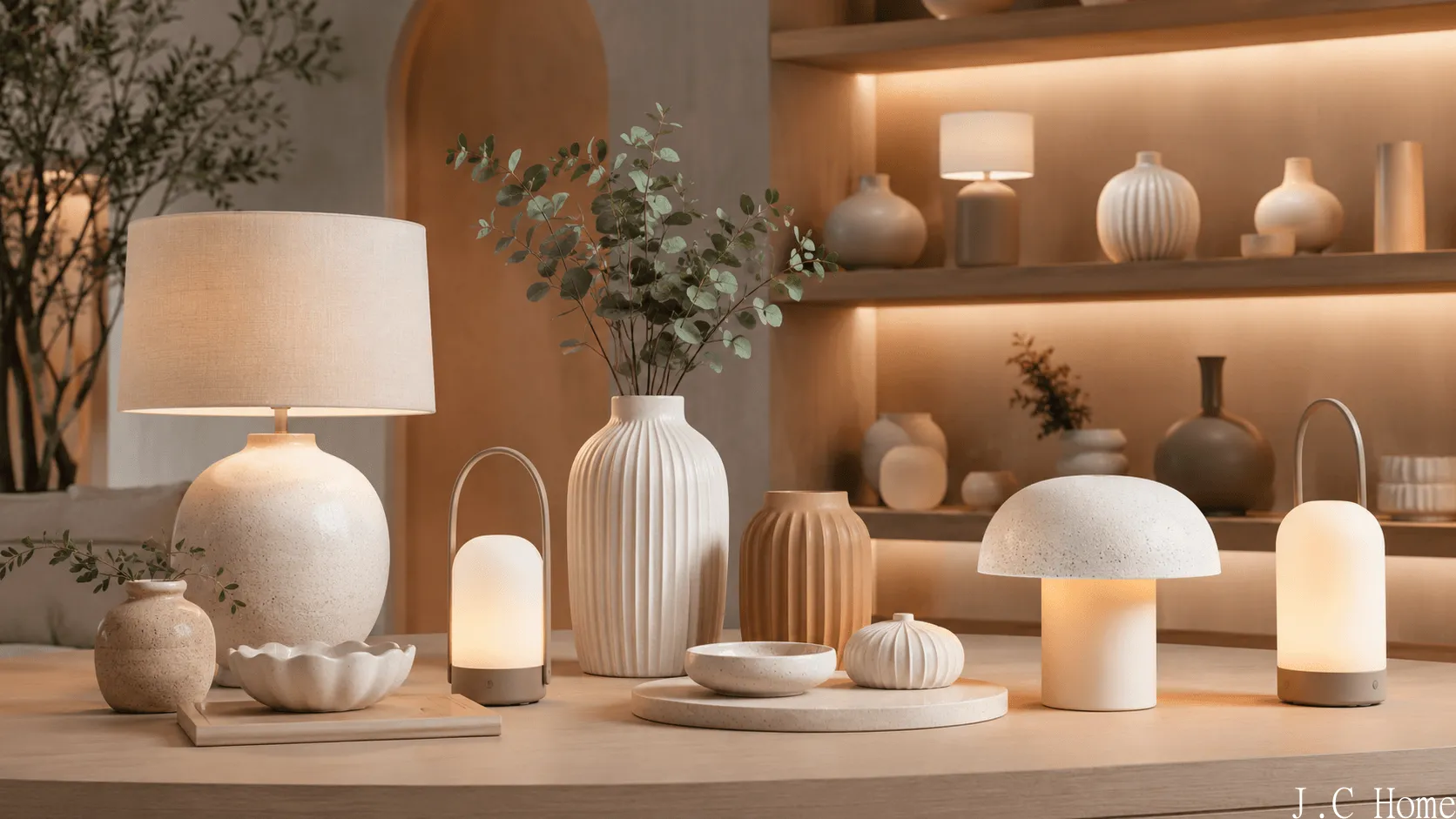 Coordinated ceramic lighting and home decor collection with table lamps, rechargeable lamps, ceramic vases, and tabletop accessories