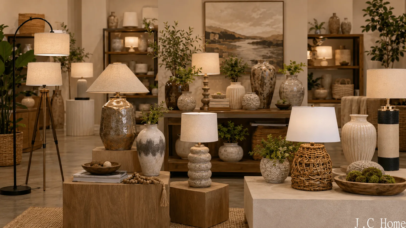Coordinated floor lamps, table lamps, vases, pots, and home decor accessories in a retail showroom